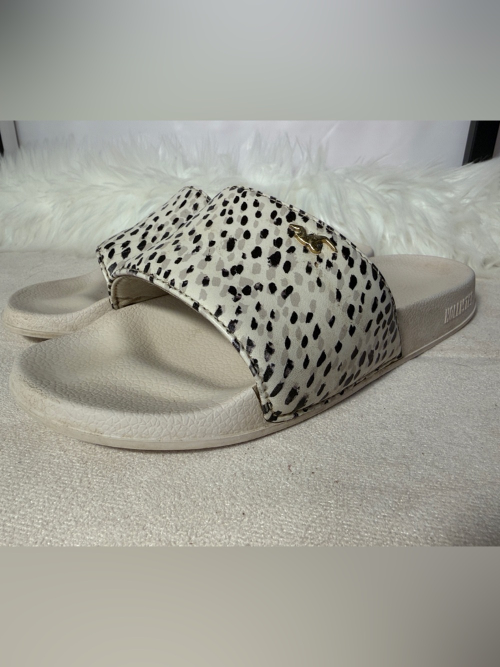 Hollister Cream Slide Sandals with Black Spot Print